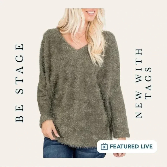 1223. BE STAGE EYELASH OVERSIZED SWEATER OLIVE GREEN IN COLOR SIZE MEDIUM V NECK - Picture 1 of 11